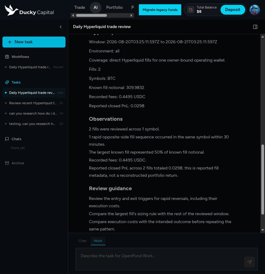 A successful production Ducky trade review, produced by a hosted OpenPond Sandbox.