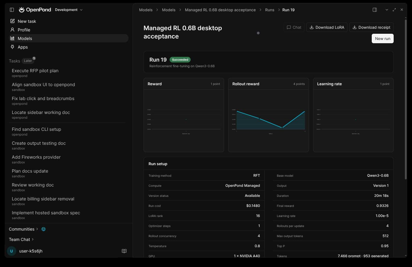 Reward, rollout reward, learning rate, and run settings in OpenPond