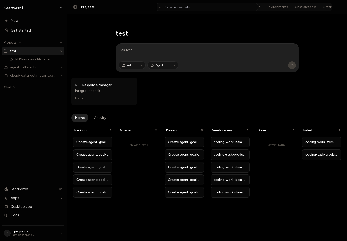 OpenPond sandbox board with work item status columns