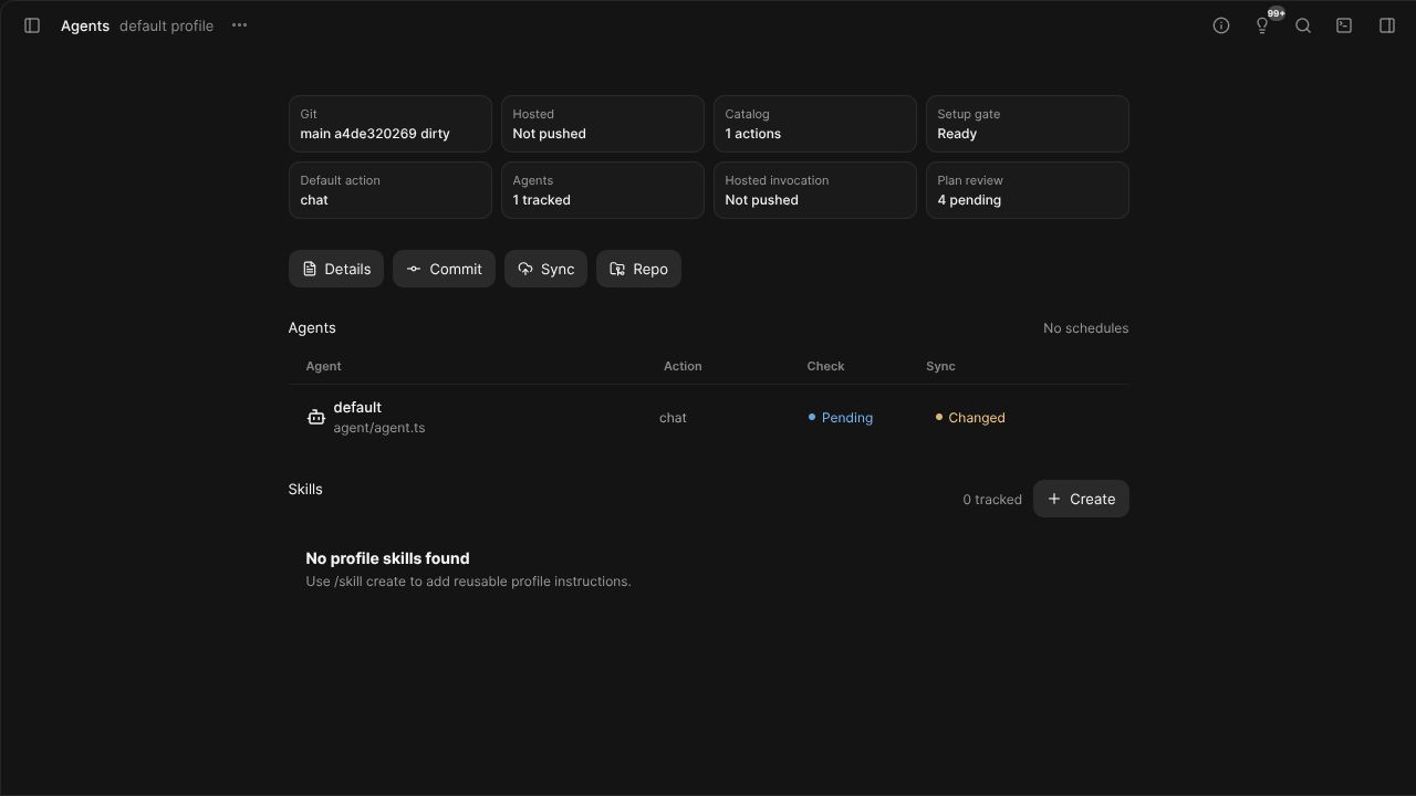 OpenPond Agents view showing a git-backed profile, agent actions, setup state, and sync status