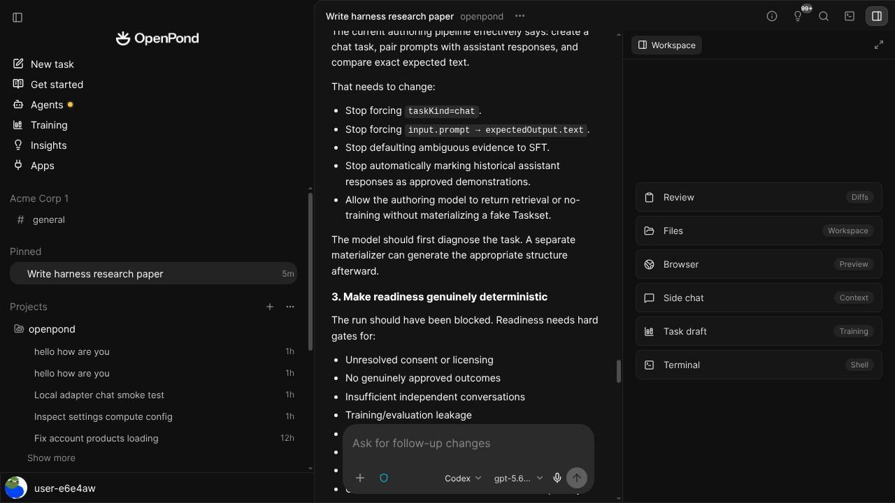 OpenPond Work Mode with a conversation beside review, files, browser, training draft, and terminal tools