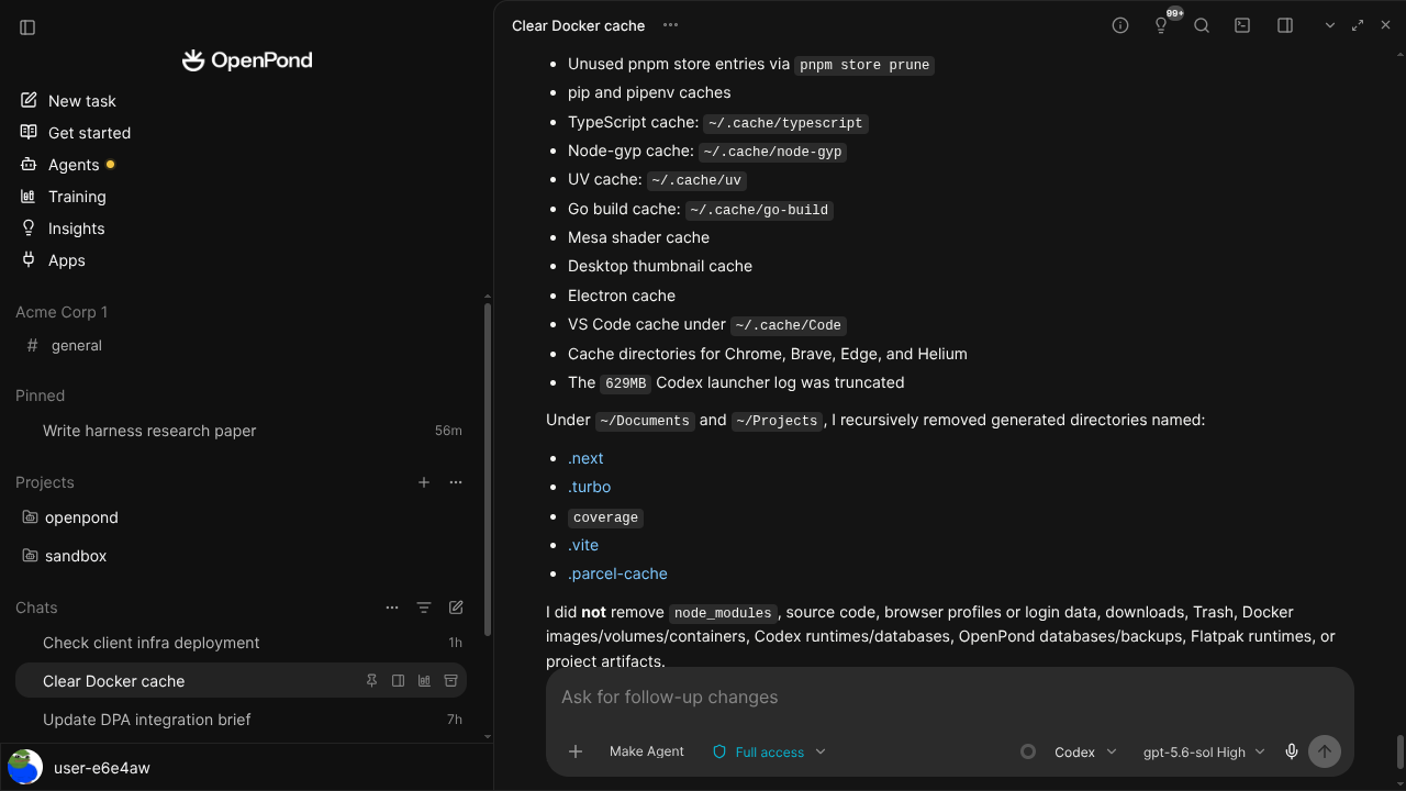 OpenPond Desktop showing an agent workspace beside local project tools
