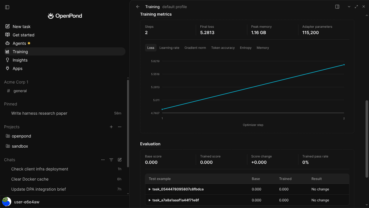 OpenPond showing model training metrics and evaluation results