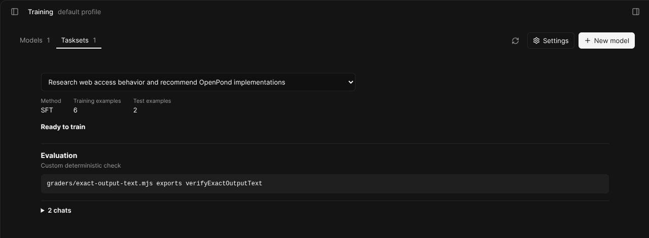 OpenPond Tasksets workbench with evaluation evidence