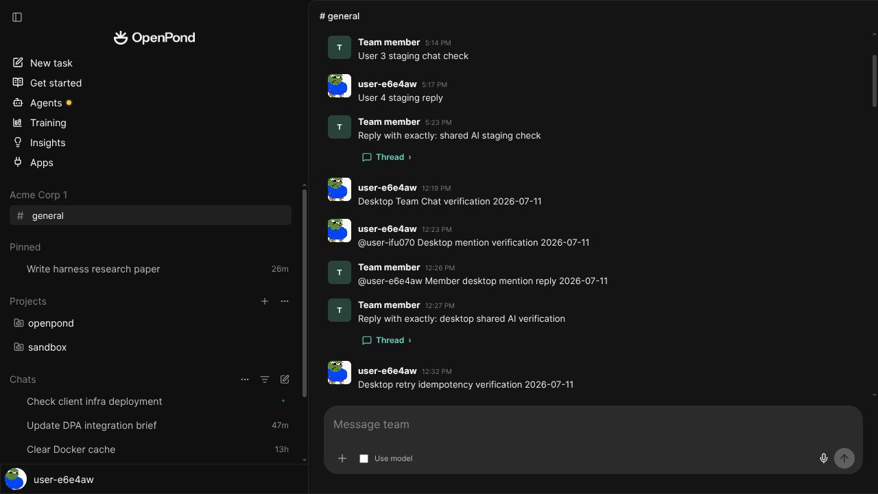 OpenPond agent working with a team through shared channels and tools